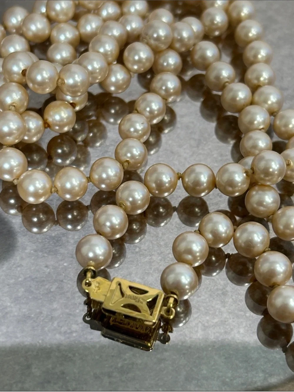 Vintage Monet 34” Faux Pearl Necklace Signed Gold Tone Clasp